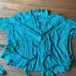 Green floral wrap blouse